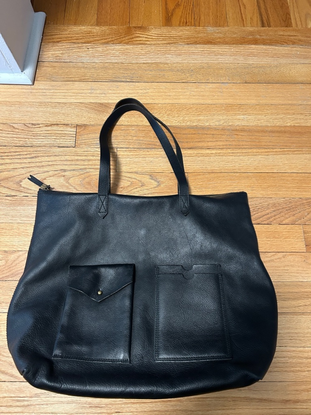 Black Leather Tote Bag with Front Pockets Madewell